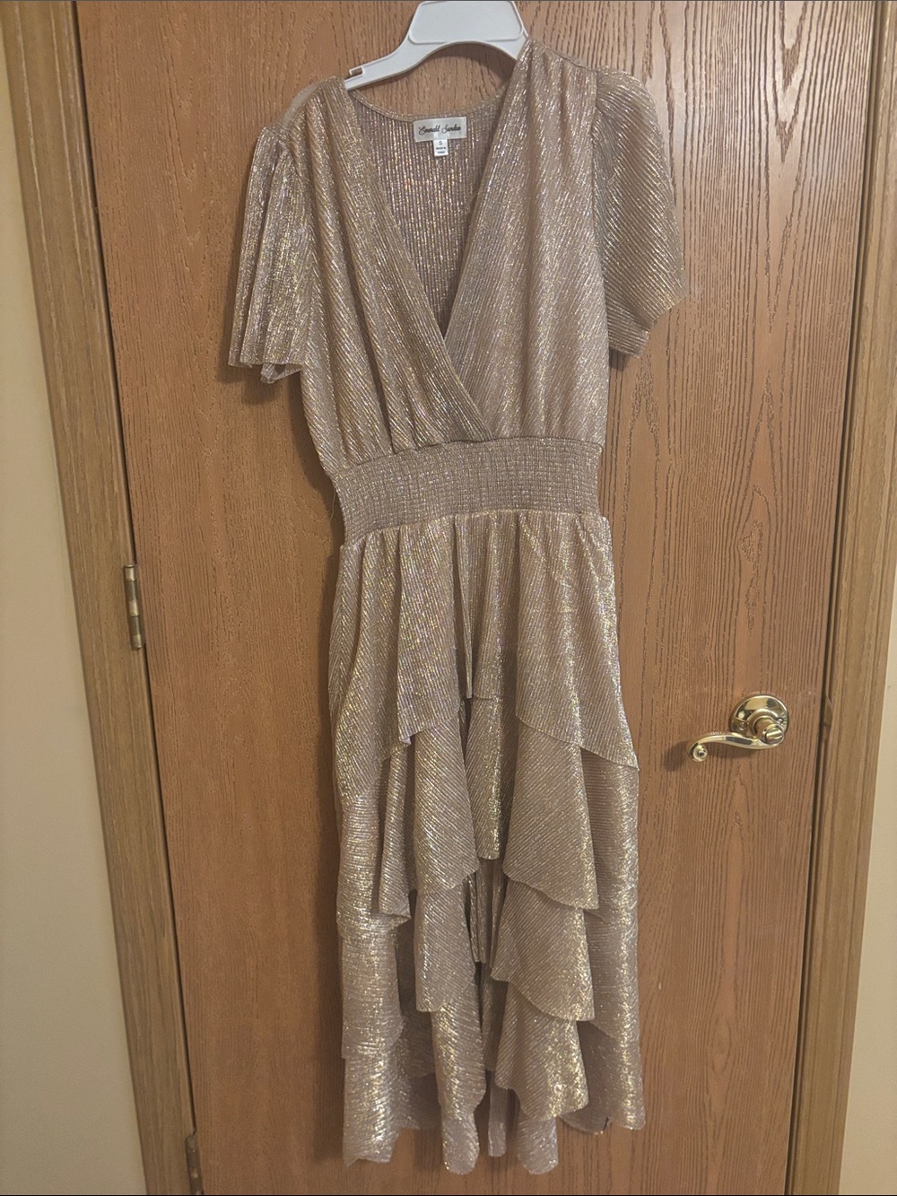 Emerald Sundae Metallic Gold Ruffle High-Low Dress